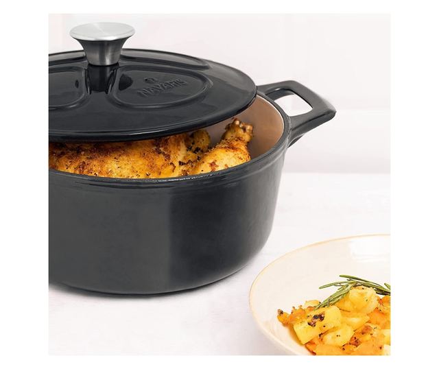 Oala antiaderenta din fonta Navaris pentru plite/cuptoare - 24 cm - 3,5 l - negru, 48777.01.01
