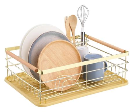 Odkapávač na nádobí Navaris, s odkapávací miskou, s policí na talíře, sklenice a příbory, hnědá, 52545.04