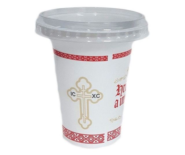 Set 100 buc Pahare de Pasti, Hristos a Inviat, din plastic, cu capac, 330 ml