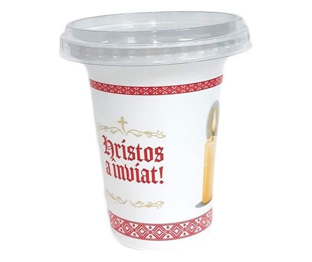 Set 100 buc Pahare de Pasti, Hristos a Inviat, din plastic, cu capac, 330 ml