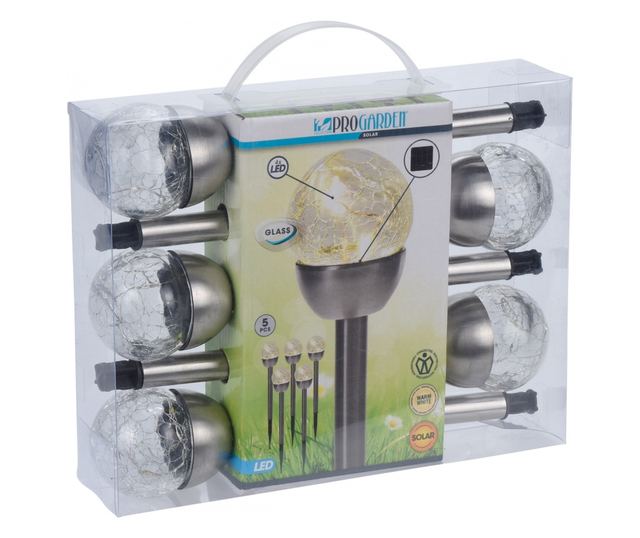 Set 5 lampi iluminat solar ProGarden, otel inoxidabil/sticla, 36x6 cm, argintiu/negru