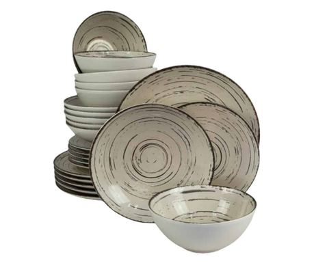 Set farfurii 24 piese, pentru 6 persoane, Stone, Cesiro, Alb Ivoire cu negru