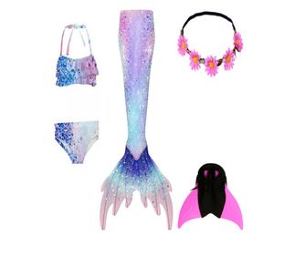 Комплект от 5 части бански костюм THK® Mermaid, включва горнище, слипове, опашка на русалка, увенчана с цветя, и перка за фиксир