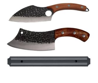 Mesarski set IdeallStore, japonska rezila, sekira, nož in magnetno držalo, nerjaveče jeklo, rjava