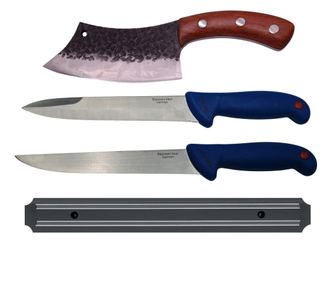 IdeallStore mesarski set, kuhinjski noži, vbodno in magnetno držalo, nerjaveče jeklo