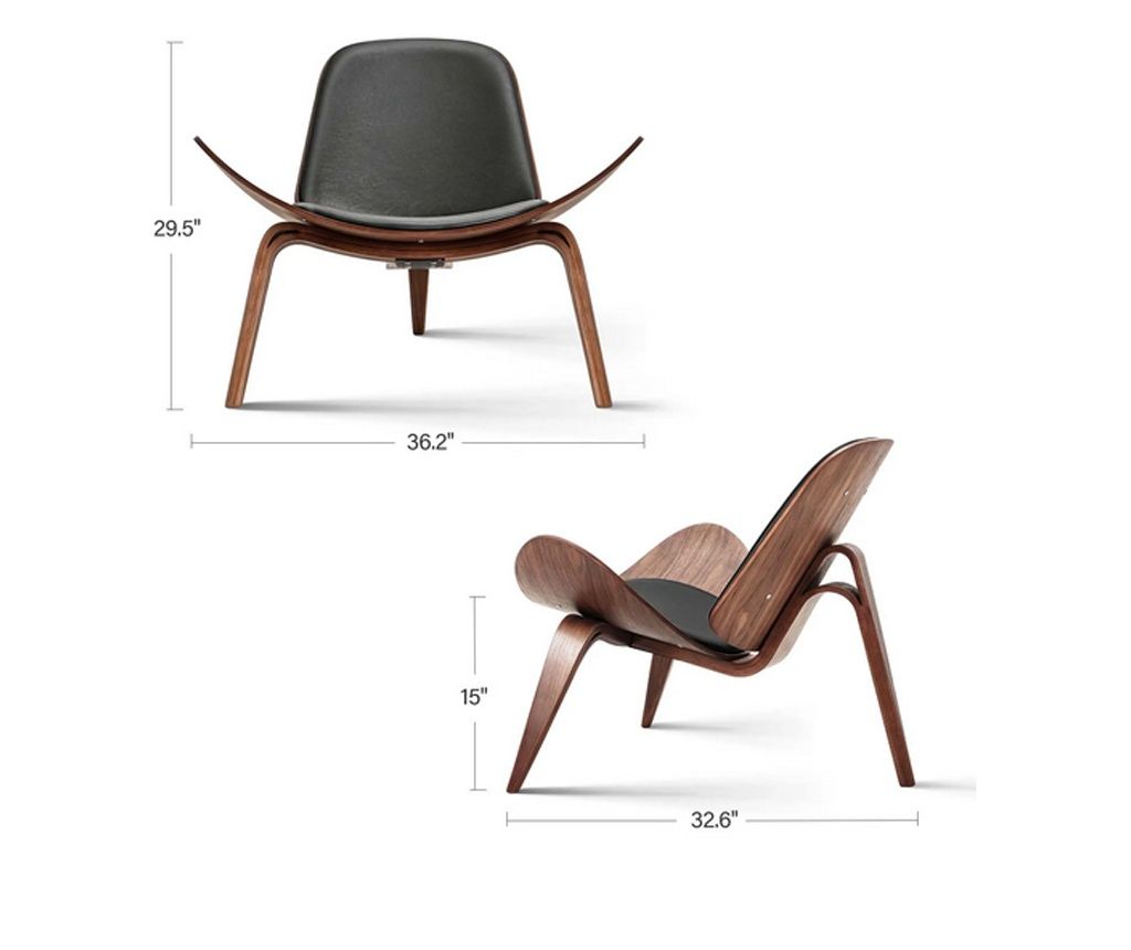 Furgle Mid Century Replica Shell Chair Tripod 3 Colors Wood, Black Leather Chair
