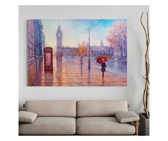 Tablou Canvas Premium LuxCanva® A1075, Ploaie In Londra , Red Telephone, Plimbare, Umbrela Rosie, Culori Vibrante - 70 X 100