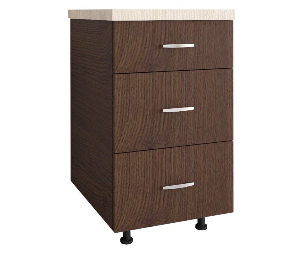 Kitchen Base Cabinet with 3 Drawers, L40cm x H90cm x D50cm, Wenge Color, 18mm Board, Heat Resistant Top