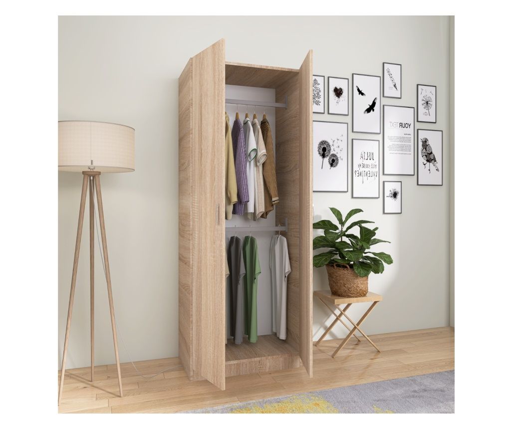 Niro Wardrobe with Clothes Rail 200x80x50 cm, Sonoma Color, 18mm Chipboard Material