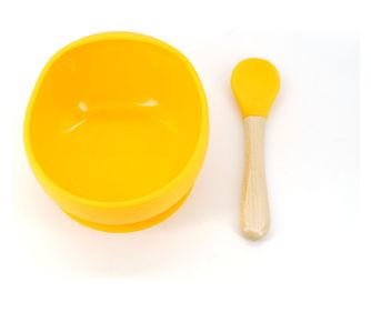 Set 2 piese diversificare bebelusi si copii din silicon bol cu ventuza, lingurita din lemn si silicon, pentru gustari, fara aler
