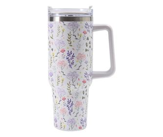 Cana Termos din Plastic, Cyrax, pentru Bauturi Calde si Reci, cu Maner, Imprimeu Floral,  Alb, 10x7.6x27.5 cm