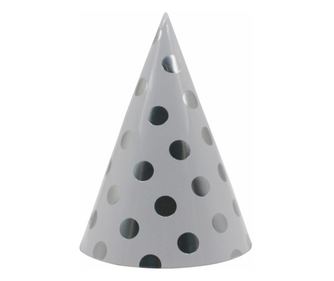 Set 6 Coifuri Metalizate, pentru Petrecere, Tematica Aniversare, Model Buline, 20 cm, Argintiu