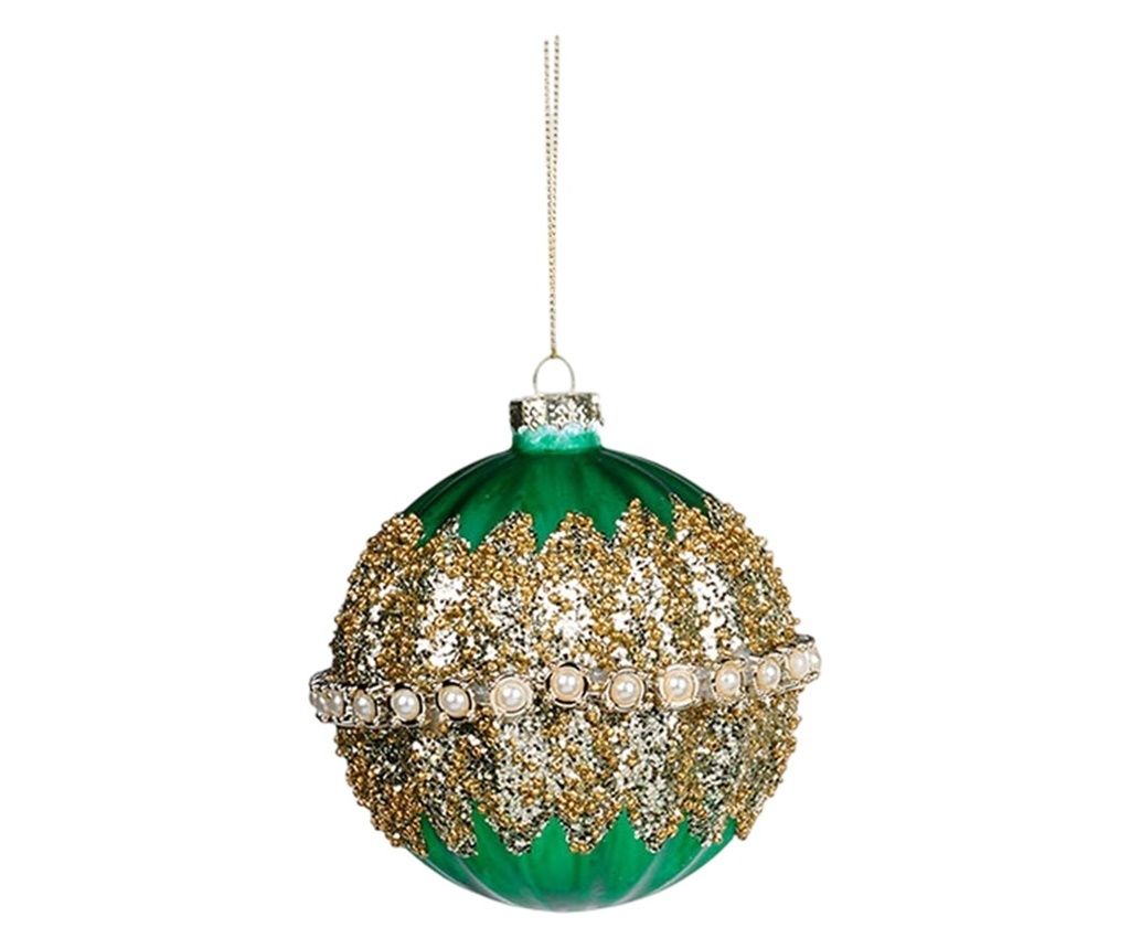Set of 3 Emerald Green Christmas Tree Baubles with Pearls, 10 cm, Green