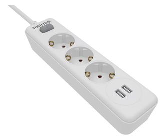 Philips Podaljšek SPN3032WA/58, s stikalom, otroška zaščita, 3 vtičnice, xUSB-A, 2 m, bel