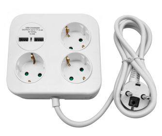 Kvadratni podaljšek s 3 vtičnicami in 2 x USB-A, 3 x 1,5 mm2, 1,4 m, bel