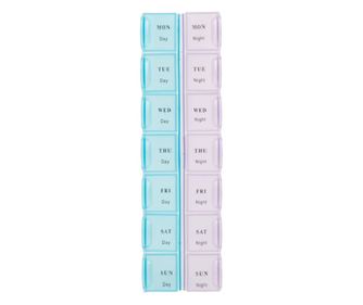 Cutie organizator Pufo pentru medicamente, vitamine sau suplimente pe saptamana cu doua compartimente pe zi, mov-roz/albastru