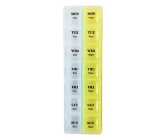 Cutie organizator Pufo pentru medicamente, vitamine sau suplimente pe saptamana cu doua compartimente pe zi, albastru/ galben