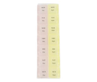 Cutie organizator Pufo pentru medicamente, vitamine sau suplimente pe saptamana cu doua compartimente pe zi, mov/ galben