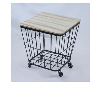 Kvadratna kovinska klubska mizica s kolesi, prostorom za shranjevanje in lesenim pokrovom v barvi naravnega lesa 38.5x38.5x43 cm