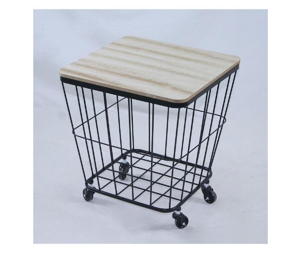 Τετράγωνο μεταλλικό τραπεζάκι σαλονιού με ρόδες, αποθηκευτικό χώρο και ξύλινο καπάκι σε φυσικό χρώμα ξύλου 38.5x38.5x43 cm