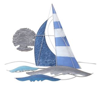 Ornament de perete nautic decorativ pentru acasă ORIGEN Decor, barcă cu pânze, metal albastru, 78 cm