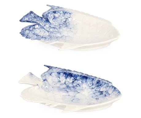 Sada 4 porcelánových tanierov Modro-biely motív ryby 27,8x20,6x4,1 cm