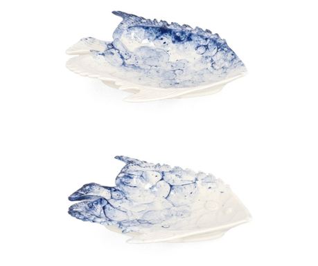 Sada 6 porcelánových tanierov Modro-biely rybársky motív 21x19x2,8 cm