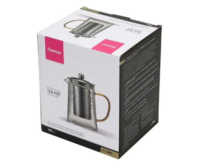 Ceainic cu infusor Fissman, sticla borosilicata/otel inoxidabil, 13.5x9.3x15 cm, 700 ml, argintiu/galben