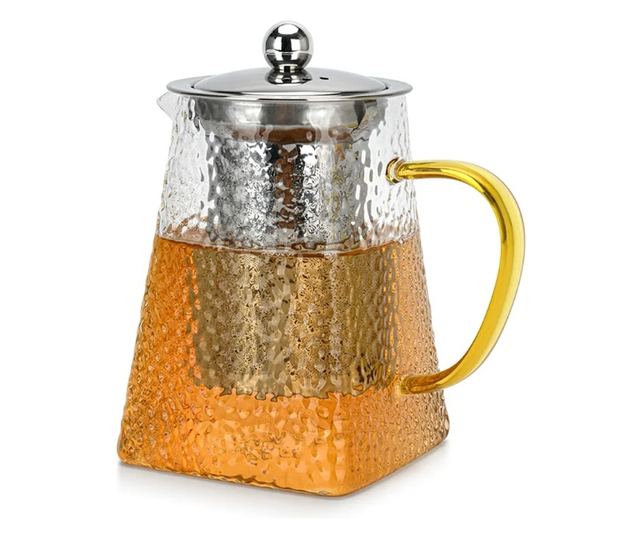 Ceainic cu infusor Fissman, sticla borosilicata/otel inoxidabil, 13.5x9.3x15 cm, 700 ml, argintiu/galben