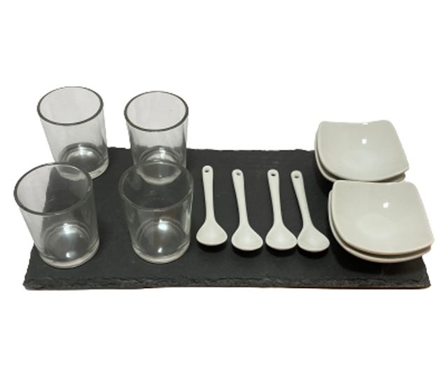Excellent Houseware négyzet alakú tálaló készlet, pala/porcelán, 30x15cm, fekete/fehér