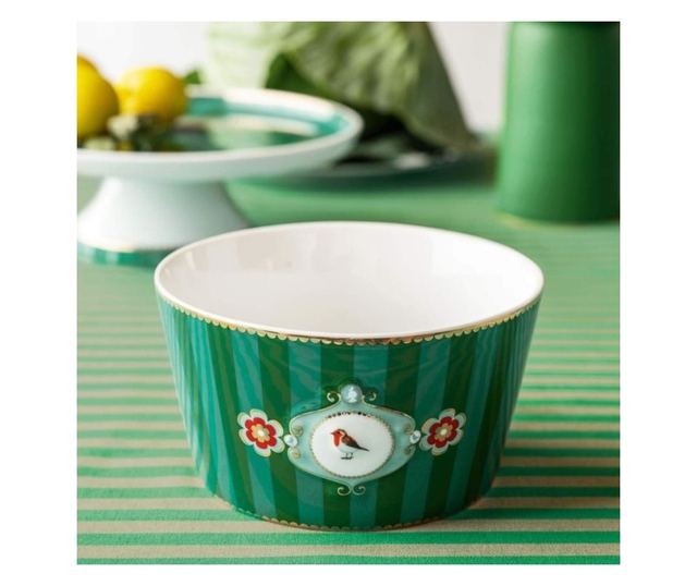 Bol din porțelan, Pip Studio, Stripes Green, 15 cm, colecția Love Birds