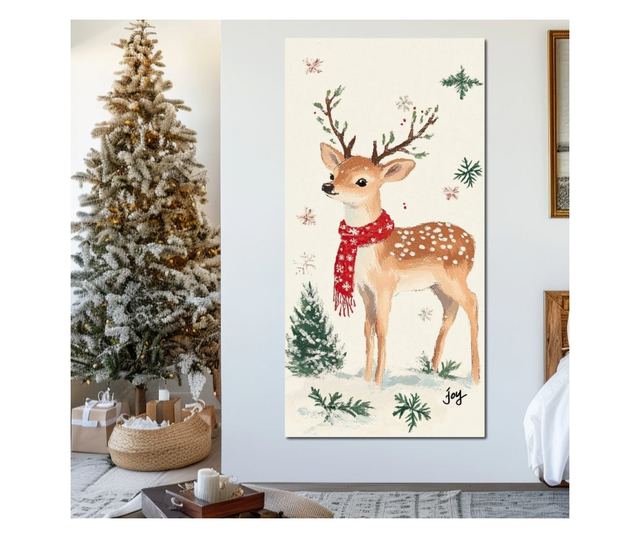 Tablou Canvas Premium LuxCanva® D1049, Povestea Renului cu Fular Rosu ,  Ren, Brad, Fular, Rosu, Zapada, Living Room, Culori vib