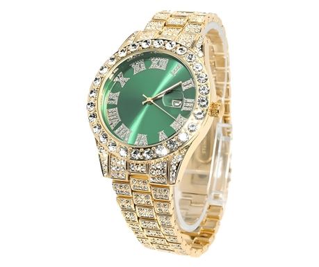 Set Ceas Iced Out Gold Green + Bratara Cuban, insertii din zirconiu, otel inoxidabil, dispozitiv pentru ajustare, impachetare pr