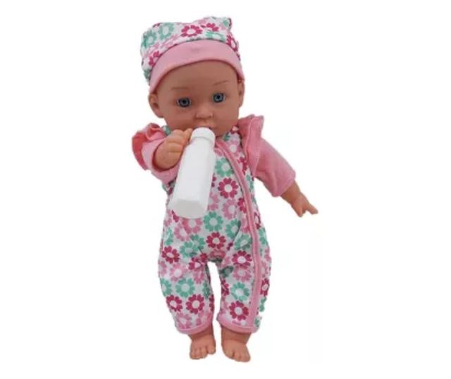 Hangot adó 35cm játékbaba pöttyös ruhában 12 féle hanghatással