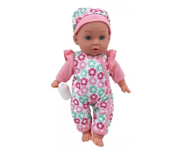 Hangot adó 35cm játékbaba pöttyös ruhában 12 féle hanghatással