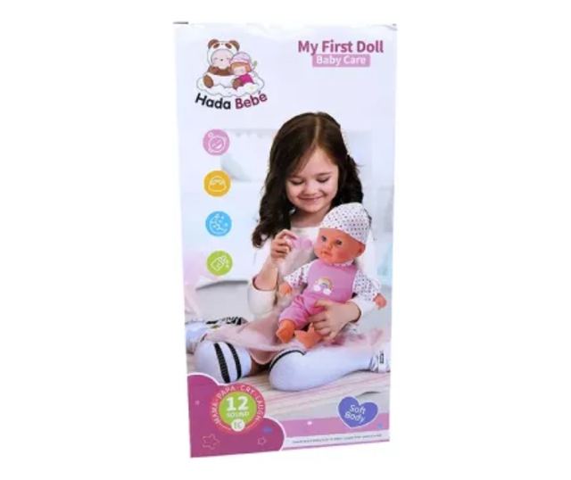Hangot adó 35cm játékbaba pöttyös ruhában 12 féle hanghatással