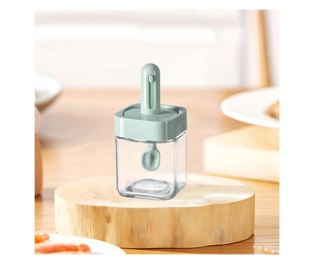 Recipient pentru Depozitarea Condimentelor, Cyrax, Borcan din Sticla, Capac si Lingura Incorporate, Uz Casnic, 300 ml, 7.1x7.1x1