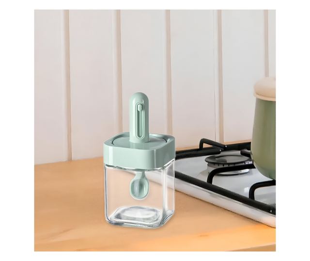 Recipient pentru Depozitarea Condimentelor, Cyrax, Borcan din Sticla, Capac si Lingura Incorporate, Uz Casnic, 300 ml, 7.1x7.1x1