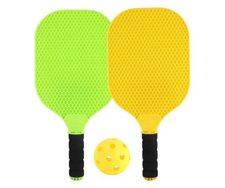 Set Joc de Ping-Pong, 2 Palete, 1 Minge, + 6 Ani, 37.5 x 18 x 3 cm, Galben/Verde