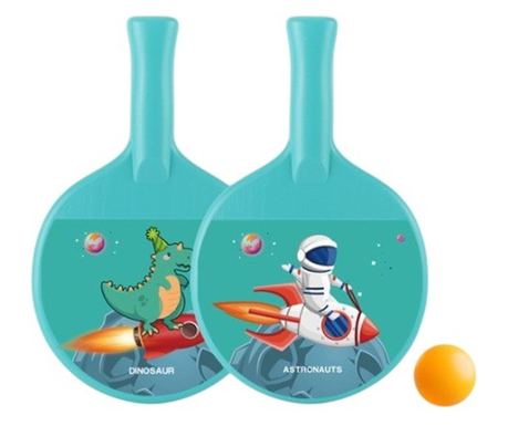 Set 2 Palete de Tenis de Masa, pentru Copii, Design Animat, Tematica Astronauti, Accesoriu de Agatat Inclus si 2 Mingi, Albastru