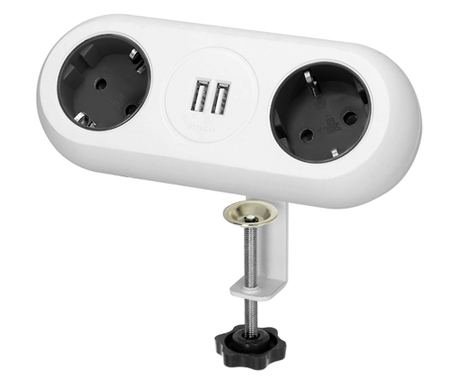 Мебелен контакт ORNO OR-AE-13133(GS)/W с монтажна скоба, 2 шуко контакта, 2 x USB, дължина на кабела 1,4 м, бял