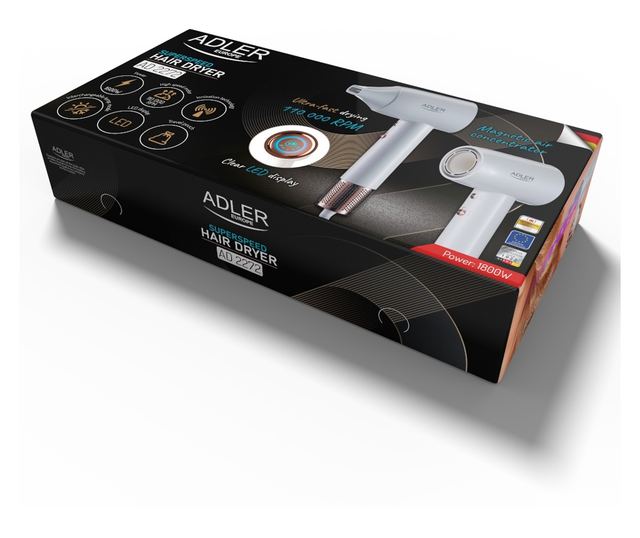 Сешоар Adler AD 2272, 110 000 об/мин, 1800W, LED дисплей, Въздушен поток 20 м/с, 3 температурни настройки, 2 степени на скорост,