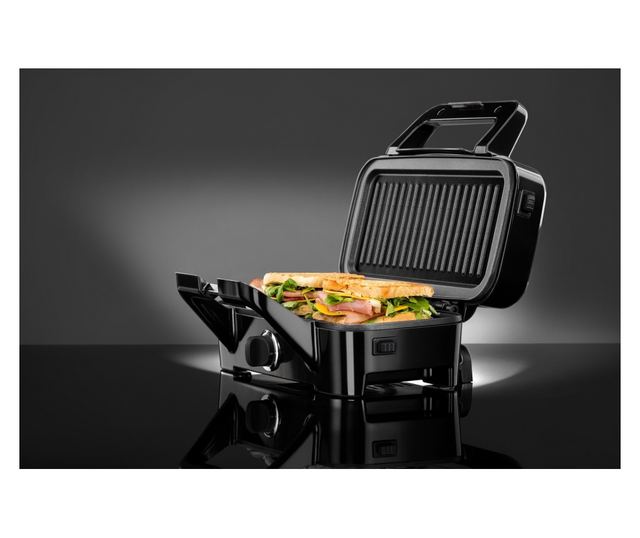 Sandwich maker 3 in 1 Sam Cook PSC-120/B, 1200W, 3 tipuri de placi grill, sandwich, waffle, placi antiaderente, negre