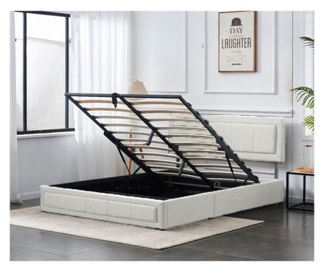 Pat Daily 180x200 cm Lada Depozitare Tapitat Catifea Nuanta Ivory Somiera Inclusa