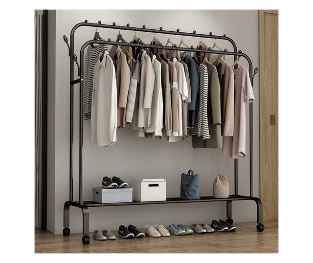 Stender suport pentru umerase si pantofi, Rebiko, 150 x 110 x 54 cm, Negru