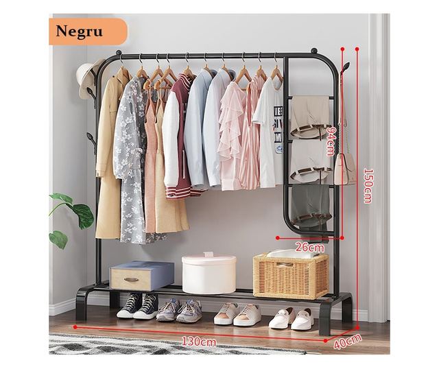 Suport pentru haine, compartiment separat pentru pantaloni, Elastix Shop, din otel, 130 x 40 x 150 cm, negru mat