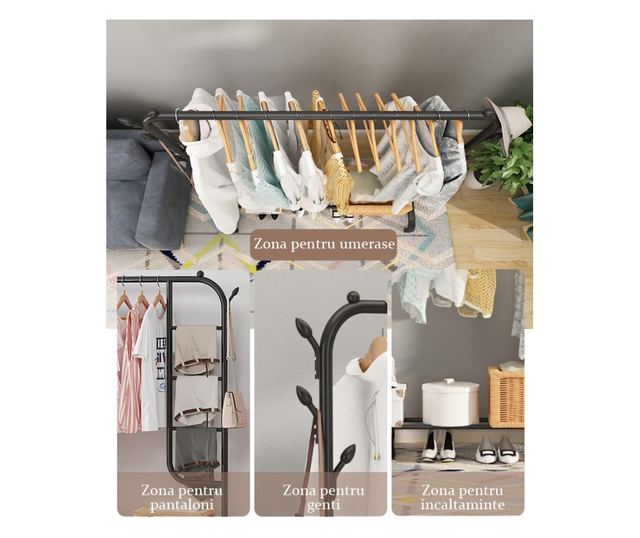 Suport pentru haine, compartiment separat pentru pantaloni, Elastix Shop, din otel, 130 x 40 x 150 cm, negru mat