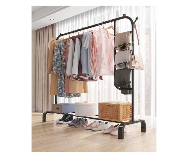 Suport pentru haine, compartiment separat pentru pantaloni, Elastix Shop, din otel, 130 x 40 x 150 cm, negru mat