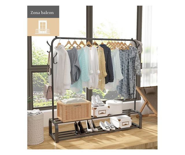 Suport pentru haine, compartiment separat pentru pantaloni, Elastix Shop, din otel, 130 x 40 x 150 cm, negru mat