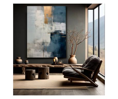 Abstraktní plátno, 100 cm x 140 cm H, námořnické a modré barvy, s ručně aplikovanou zlatou fólií